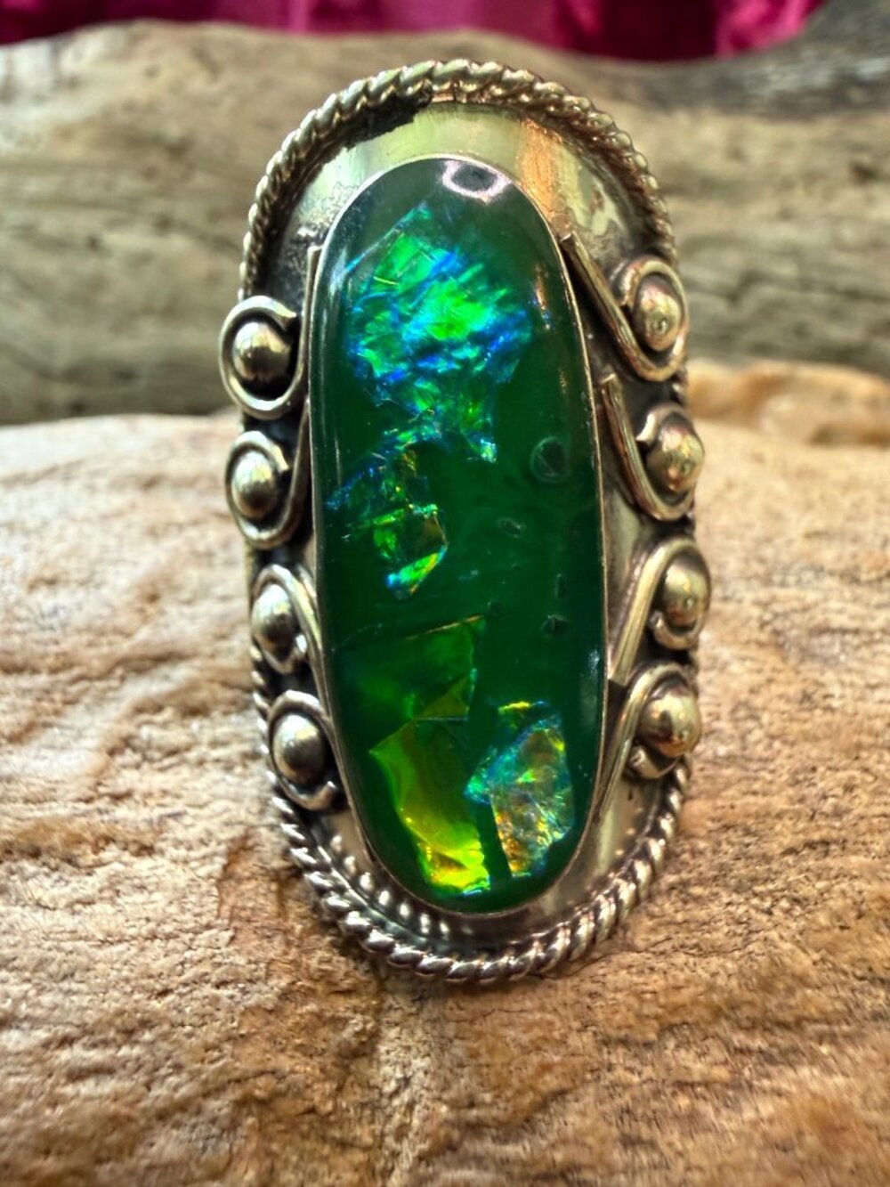 Vintage Silver-Plated Adjustable Ring Green Abalone Style Stone & Ornate i